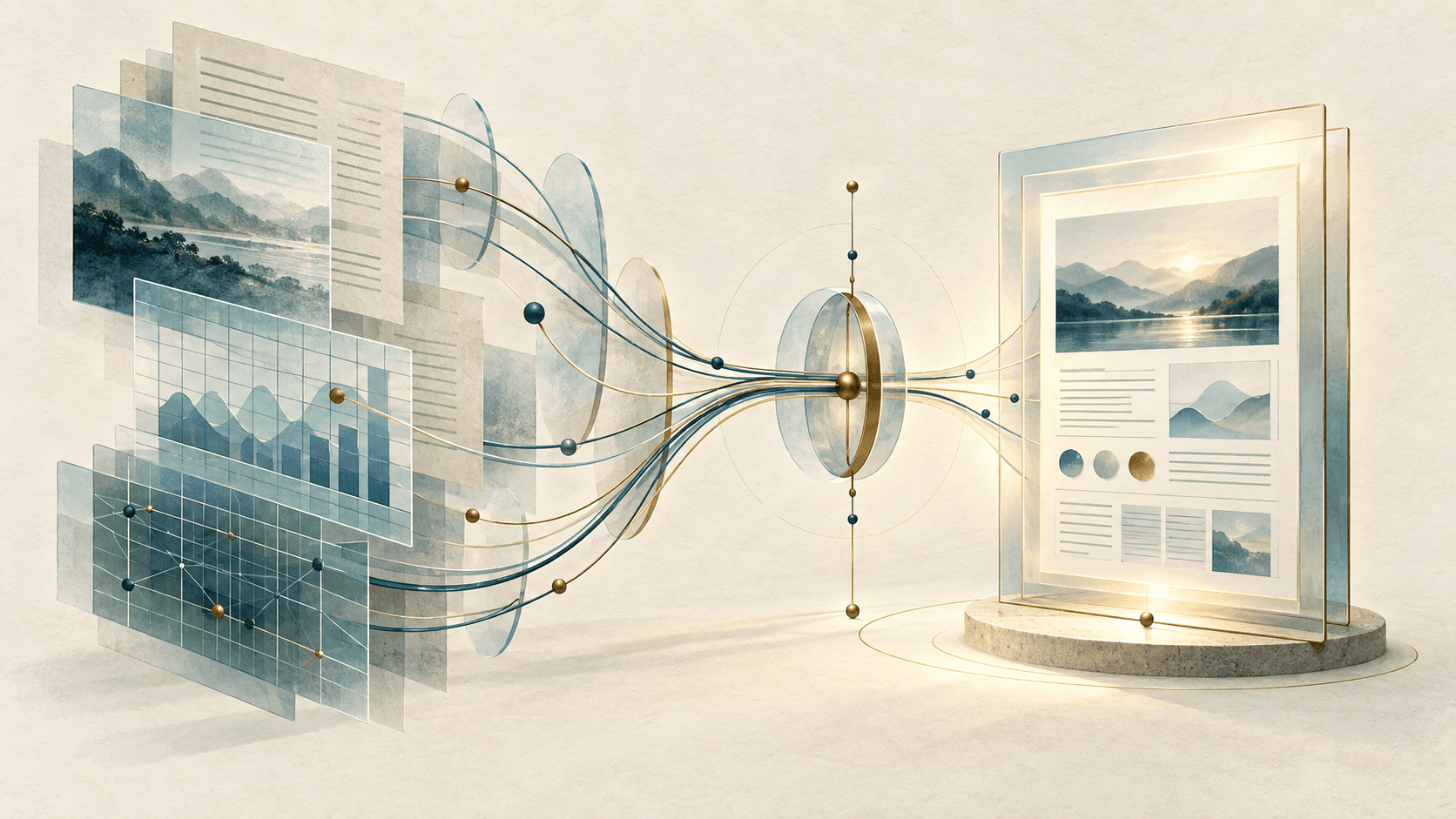 Illustration of documents, a photograph, charts, and data flowing toward a report