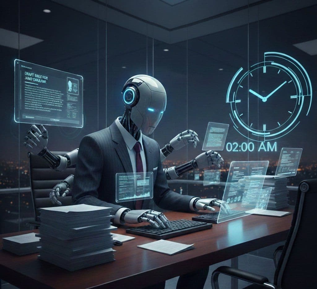 Illustration of a robot reviewing legal documents at a desk late at night