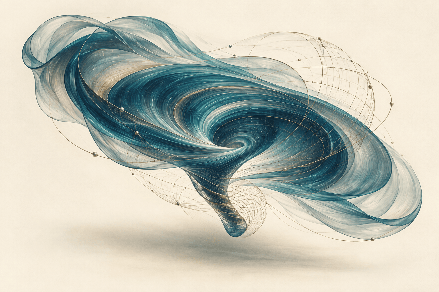 An abstract teal and navy fluid vortex with fine brass curves on an ivory background.