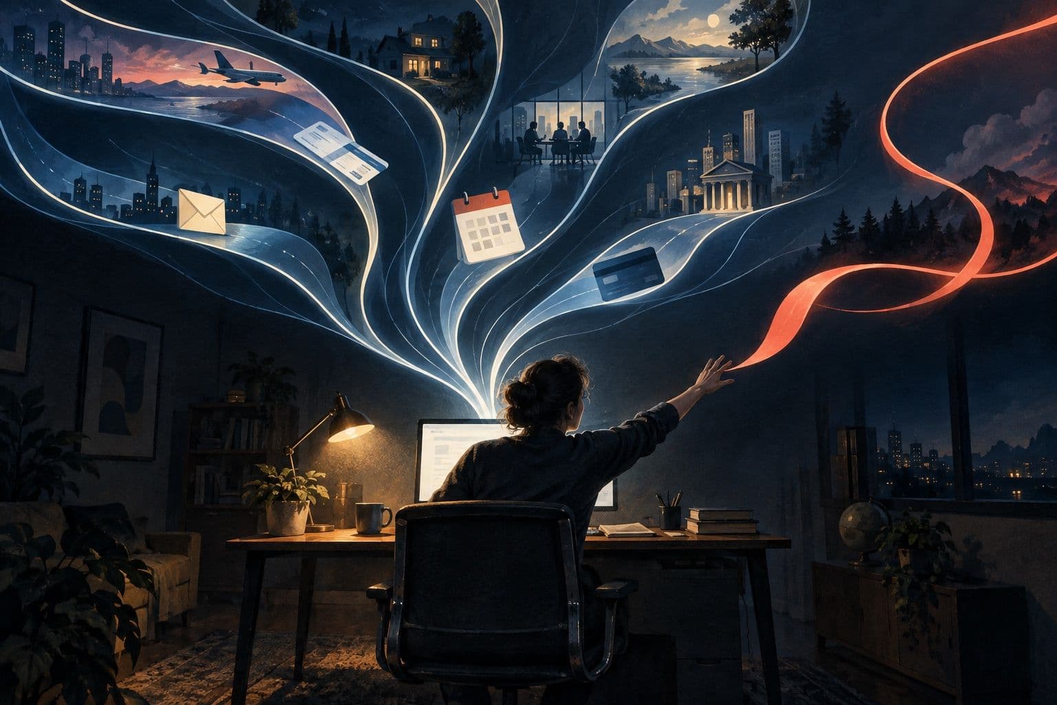 A person at a computer reaches toward an escaping orange path while illuminated routes carry email, calendar, travel, and payment tasks into the world.